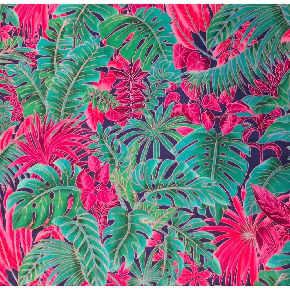 3 Yards Vintage Texstyles Quilting Fabric Pink Blue Tropical Plant Monstera 42''